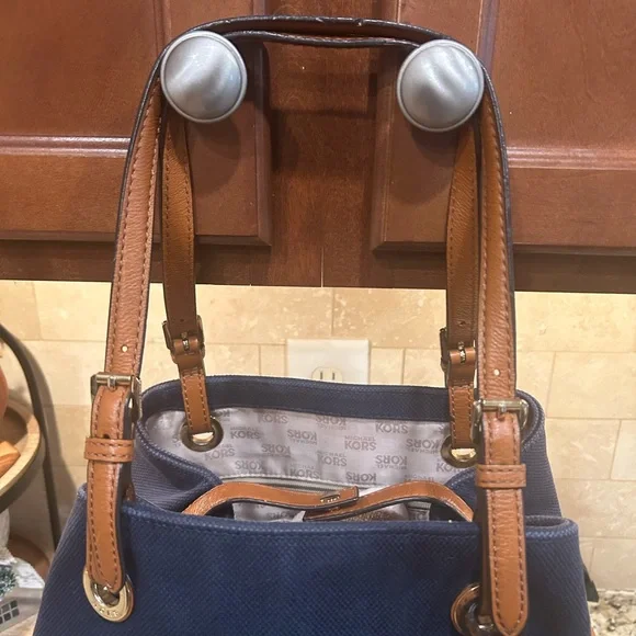 MICHAEL KORS MK JET SET CANVAS LEATHER TOTE PURSE NAVY GRAB HANDBAG - Picture 5 of 10